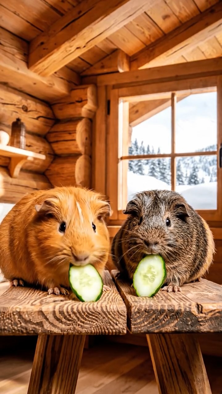 567. Highly detailed view of 2 smooth-haired Himalayan guinea pigs with Fawn and Sable fur, dressed as musicians in tiny vests, playing miniature flutes in a guinea pig concert hall with hay seats and velvet curtains, under warm spotlights, creating a realistic, elegant scene.