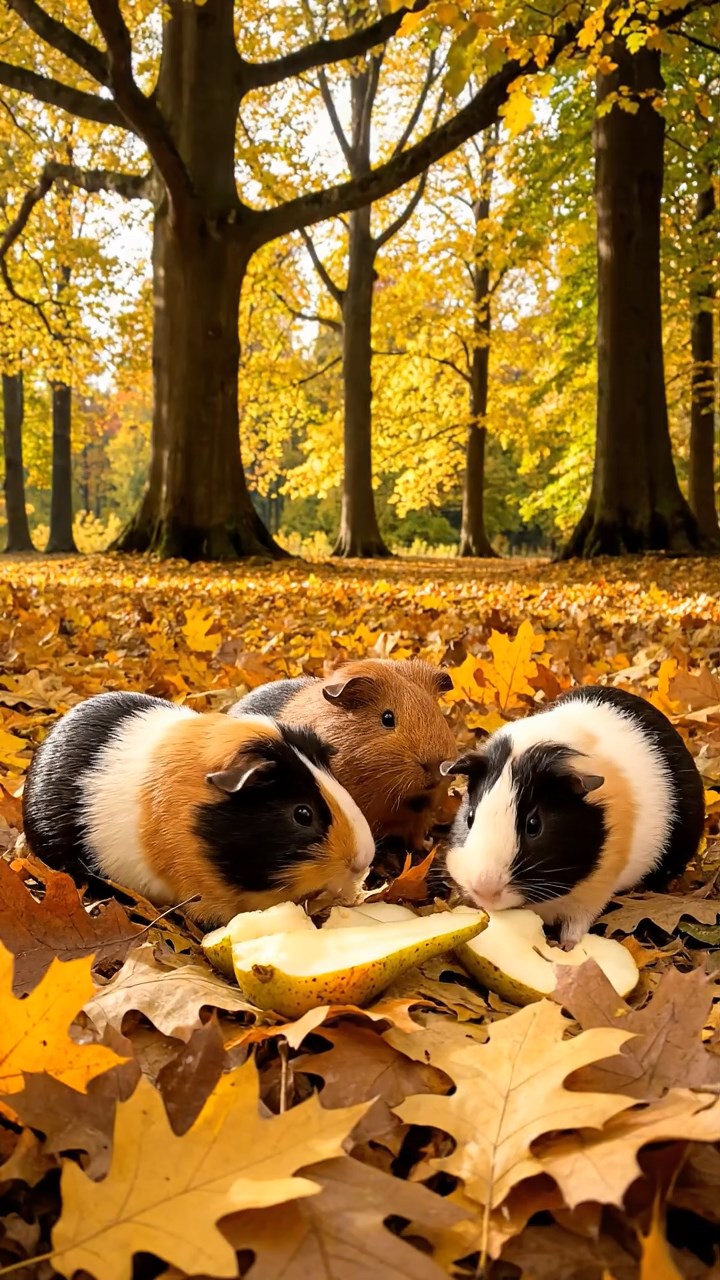 567. Highly detailed view of 2 smooth-haired Himalayan guinea pigs with Fawn and Sable fur, dressed as musicians in tiny vests, playing miniature flutes in a guinea pig concert hall with hay seats and velvet curtains, under warm spotlights, creating a realistic, elegant scene.