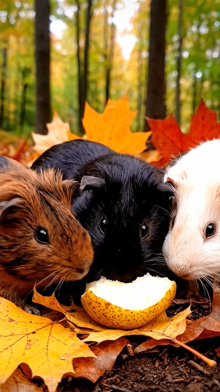 567. Highly detailed view of 2 smooth-haired Himalayan guinea pigs with Fawn and Sable fur, dressed as musicians in tiny vests, playing miniature flutes in a guinea pig concert hall with hay seats and velvet curtains, under warm spotlights, creating a realistic, elegant scene.