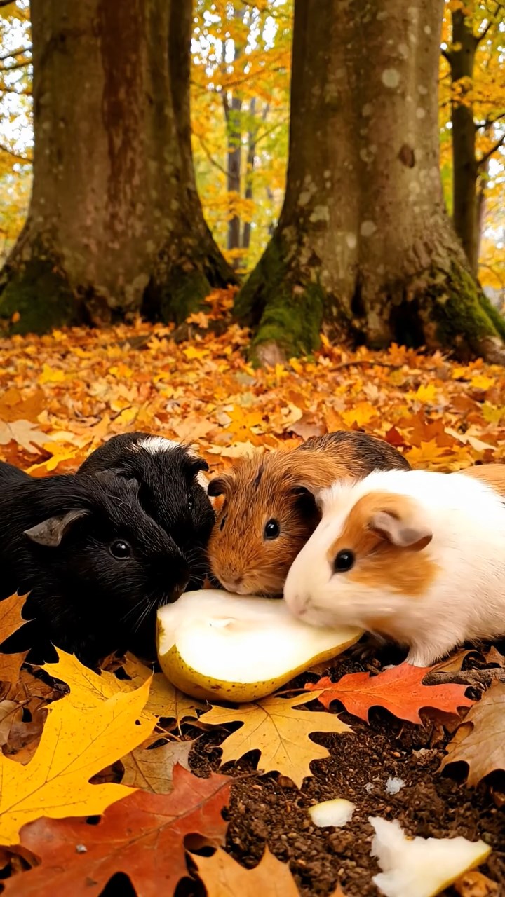 568. Realistic scene of 3 smooth-haired Californian guinea pigs with Chocolate, Cinnamon, and Gray fur, grooming each other in a lush meadow with scattered wildflowers and a babbling brook, under golden sunlight, enhancing the authentic, social atmosphere.