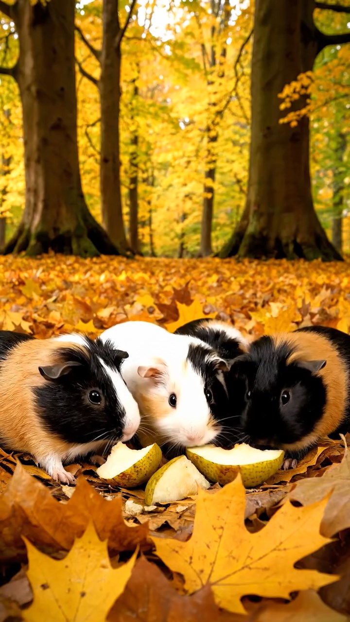 568. Realistic scene of 3 smooth-haired Californian guinea pigs with Chocolate, Cinnamon, and Gray fur, grooming each other in a lush meadow with scattered wildflowers and a babbling brook, under golden sunlight, enhancing the authentic, social atmosphere.