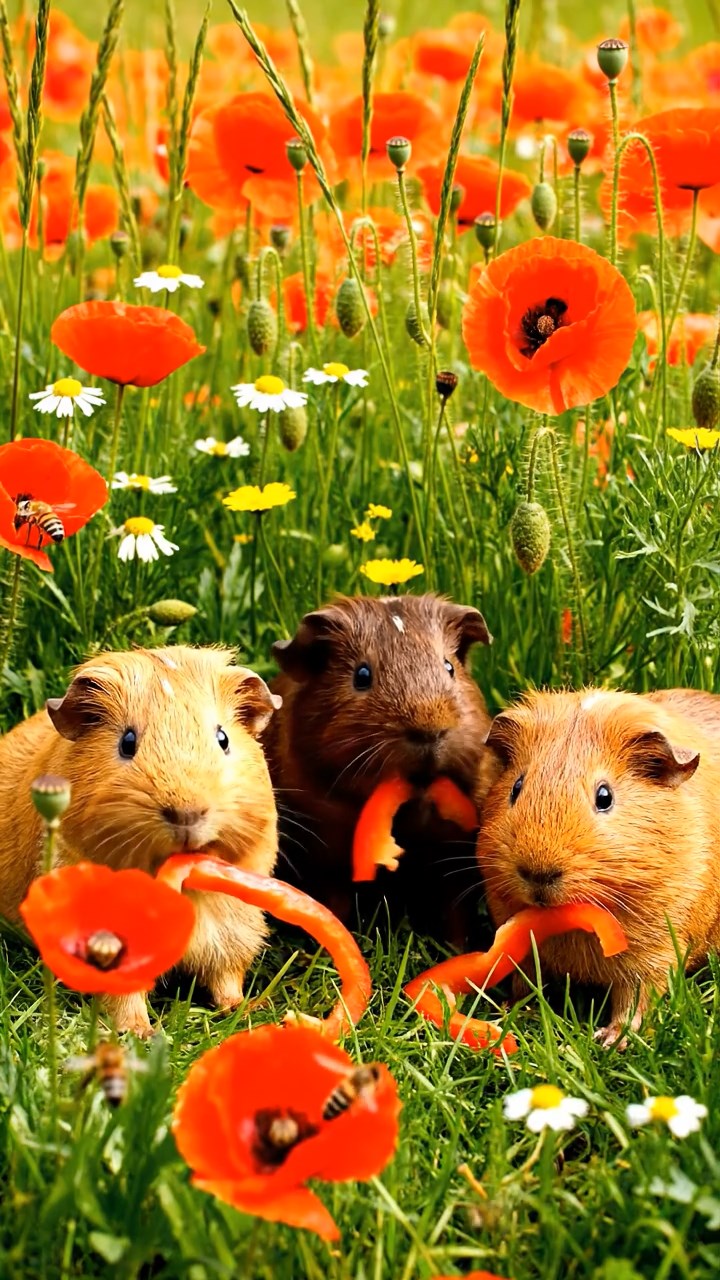 568. Realistic scene of 3 smooth-haired Californian guinea pigs with Chocolate, Cinnamon, and Gray fur, grooming each other in a lush meadow with scattered wildflowers and a babbling brook, under golden sunlight, enhancing the authentic, social atmosphere.