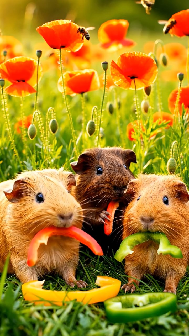 568. Realistic scene of 3 smooth-haired Californian guinea pigs with Chocolate, Cinnamon, and Gray fur, grooming each other in a lush meadow with scattered wildflowers and a babbling brook, under golden sunlight, enhancing the authentic, social atmosphere.