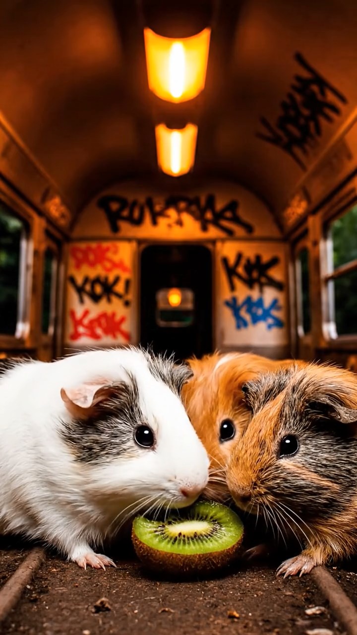 570. Photorealistic scene of 5 smooth-haired Teddy guinea pigs with Cream, Fawn, Sable, Gray, and Cinnamon fur, play-fighting in a grassy clearing with soft moss and scattered twigs, under gentle morning light, capturing a realistic, playful woodland moment.