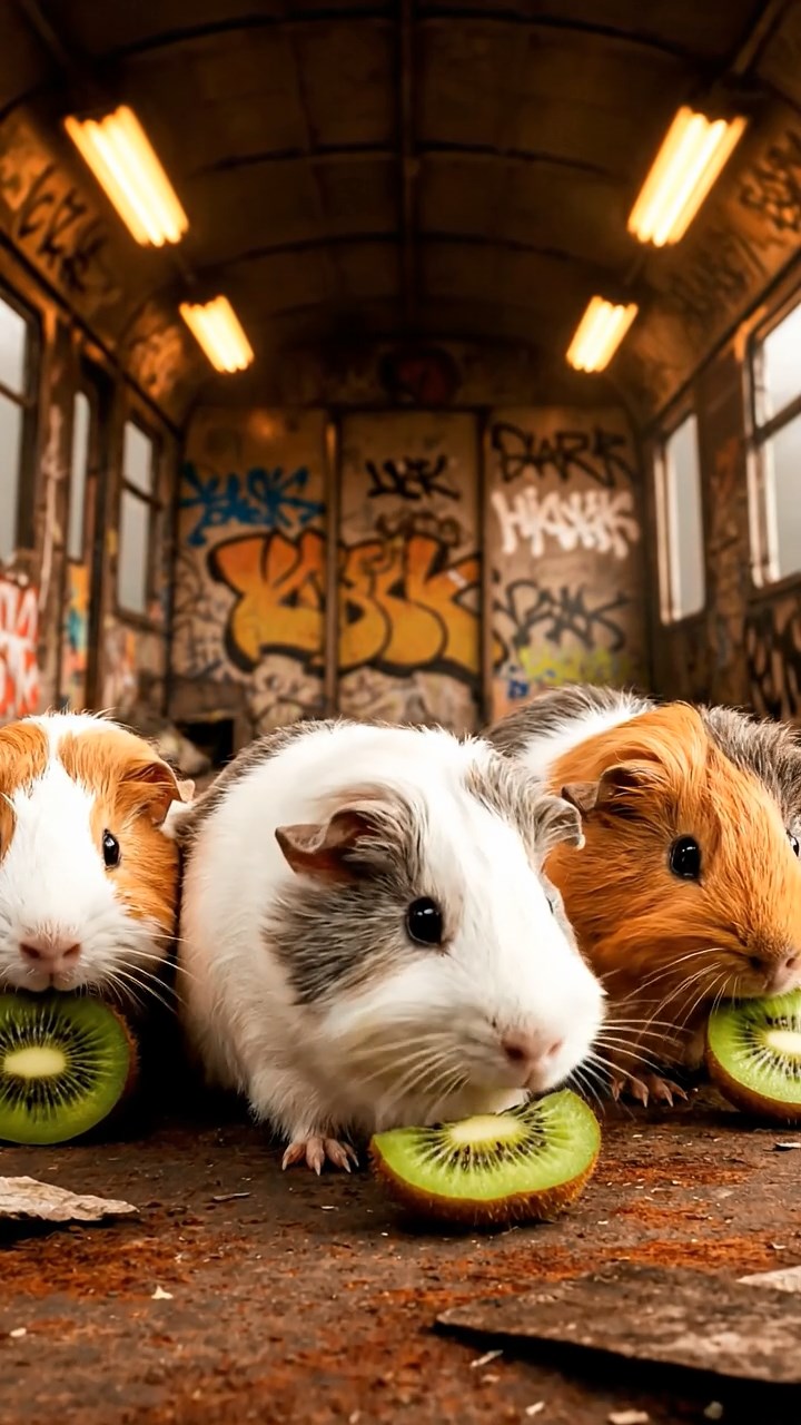 570. Photorealistic scene of 5 smooth-haired Teddy guinea pigs with Cream, Fawn, Sable, Gray, and Cinnamon fur, play-fighting in a grassy clearing with soft moss and scattered twigs, under gentle morning light, capturing a realistic, playful woodland moment.