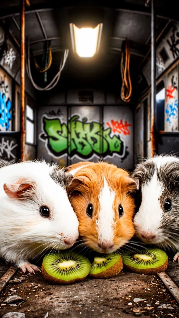 571. Highly detailed view of 1 smooth-haired Himalayan guinea pig with White fur, munching on bell peppers, in a vibrant vegetable garden with rows of tomatoes and lettuce, under bright sunlight, creating a realistic, colorful rural scene.