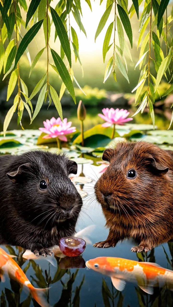 571. Highly detailed view of 1 smooth-haired Himalayan guinea pig with White fur, munching on bell peppers, in a vibrant vegetable garden with rows of tomatoes and lettuce, under bright sunlight, creating a realistic, colorful rural scene.