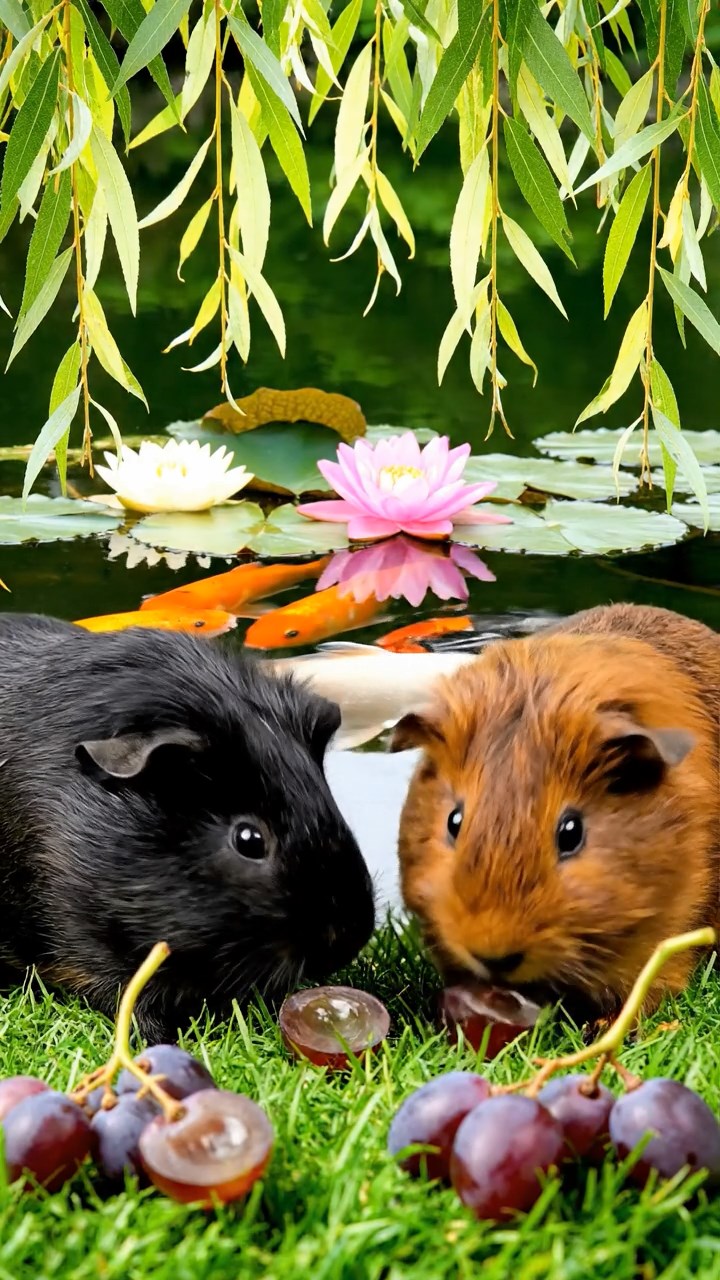 571. Highly detailed view of 1 smooth-haired Himalayan guinea pig with White fur, munching on bell peppers, in a vibrant vegetable garden with rows of tomatoes and lettuce, under bright sunlight, creating a realistic, colorful rural scene.