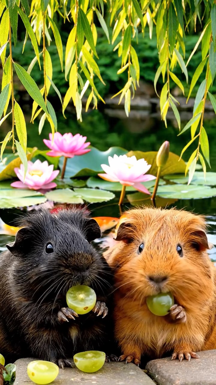 572. Realistic scene of 2 smooth-haired Californian guinea pigs with Orange and Black fur, dressed as tailors in tiny vests, sewing miniature shirts in a guinea pig atelier with colorful fabrics and hay mannequins, under warm lamplight, enhancing the lifelike, creative atmosphere.