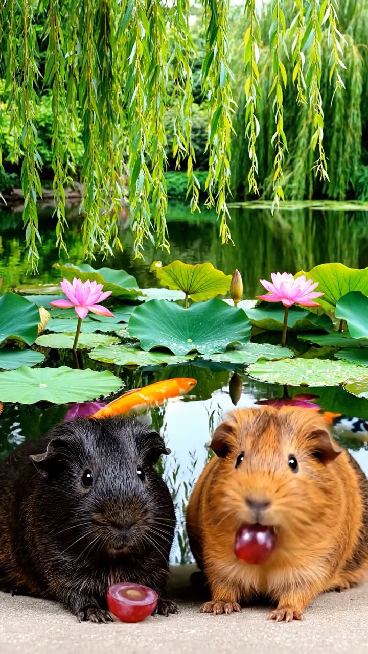 572. Realistic scene of 2 smooth-haired Californian guinea pigs with Orange and Black fur, dressed as tailors in tiny vests, sewing miniature shirts in a guinea pig atelier with colorful fabrics and hay mannequins, under warm lamplight, enhancing the lifelike, creative atmosphere.