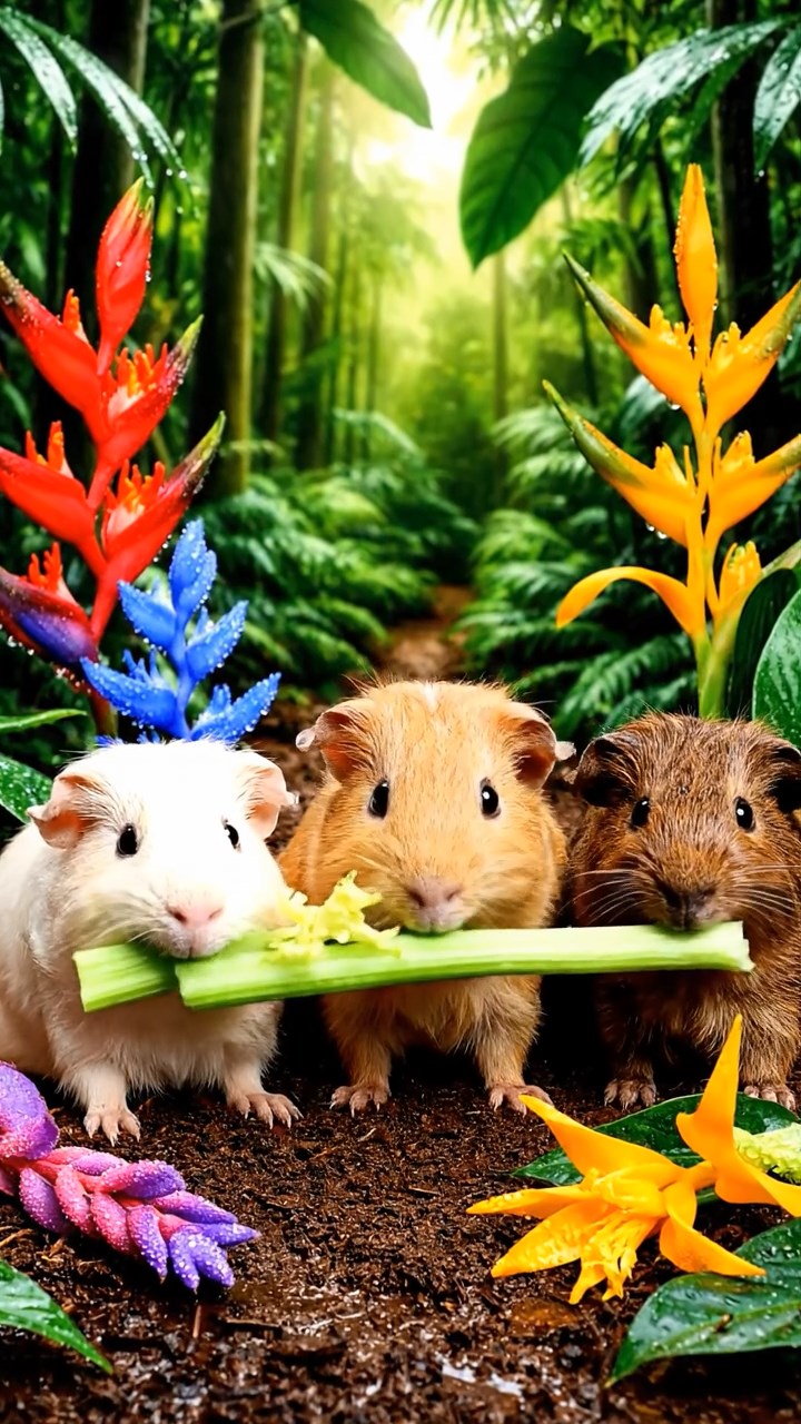 573. Detailed photo of 3 smooth-haired American guinea pigs with Gray, Cream, and Brown fur, burrowing like rabbits in a sandy dune with sparse grass and distant cacti, under a golden sunset, creating a vivid, realistic desert scene.