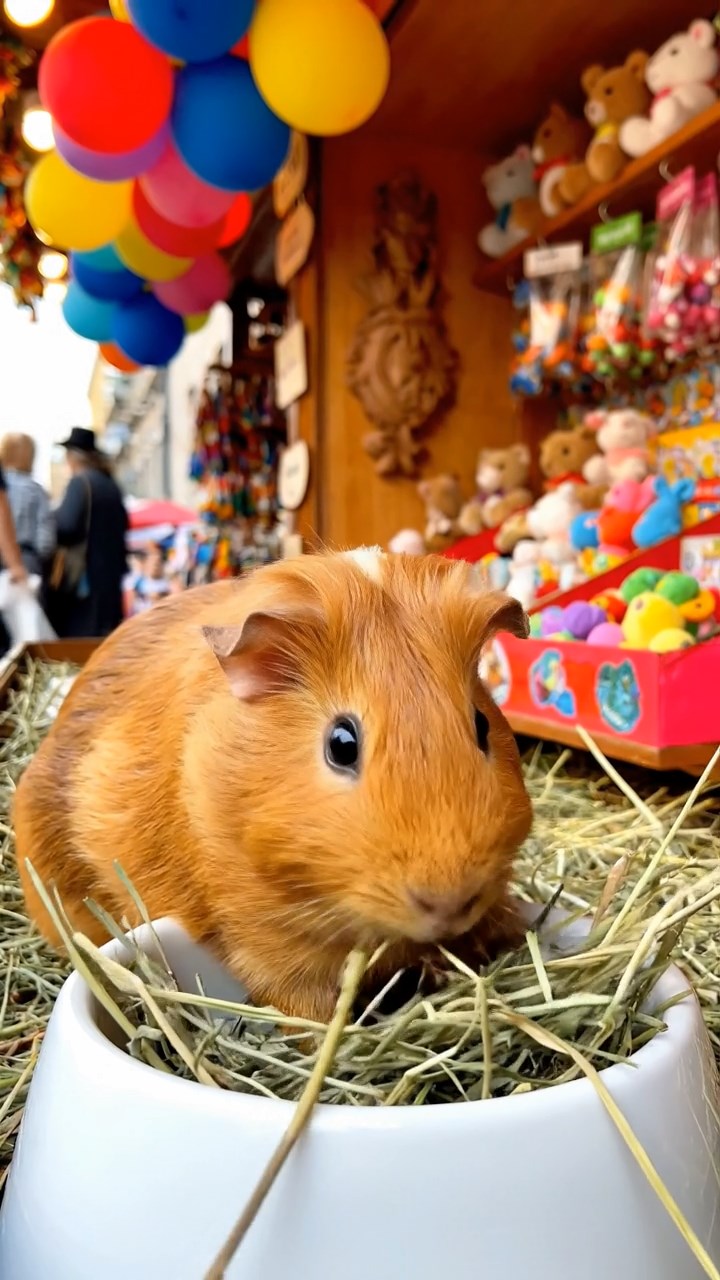 574. Photorealistic scene of 4 smooth-haired Teddy guinea pigs with Fawn, Chocolate, Cinnamon, and Sable fur, dressed as librarians in tiny glasses, reading stories in a guinea pig library with hay shelves and soft lamplight, capturing a realistic, cozy moment.