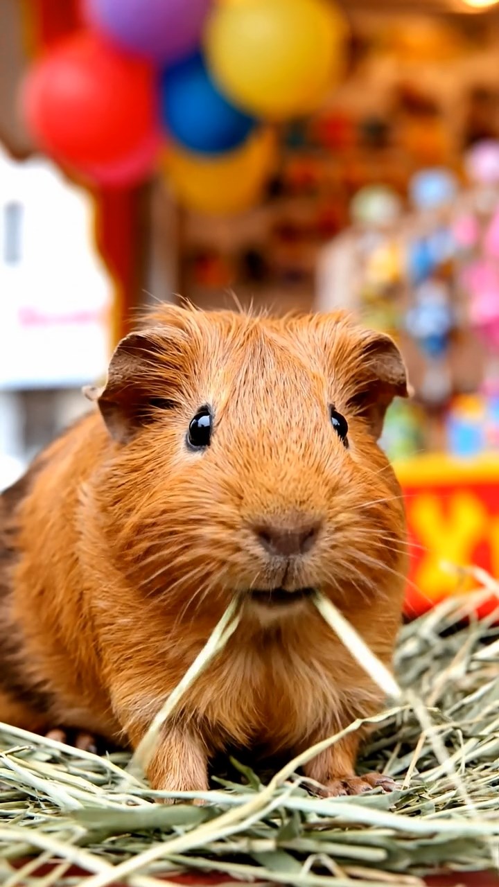 574. Photorealistic scene of 4 smooth-haired Teddy guinea pigs with Fawn, Chocolate, Cinnamon, and Sable fur, dressed as librarians in tiny glasses, reading stories in a guinea pig library with hay shelves and soft lamplight, capturing a realistic, cozy moment.