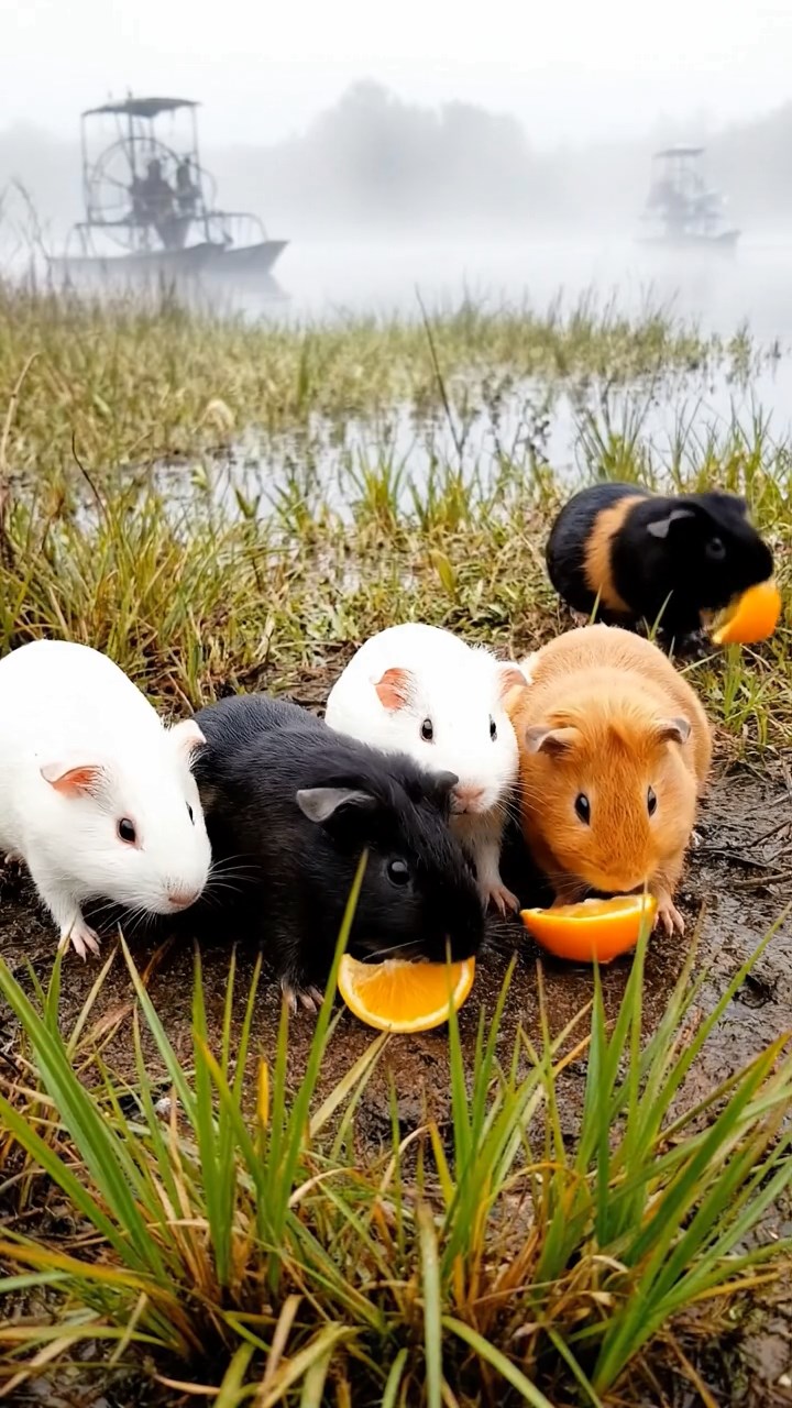 574. Photorealistic scene of 4 smooth-haired Teddy guinea pigs with Fawn, Chocolate, Cinnamon, and Sable fur, dressed as librarians in tiny glasses, reading stories in a guinea pig library with hay shelves and soft lamplight, capturing a realistic, cozy moment.