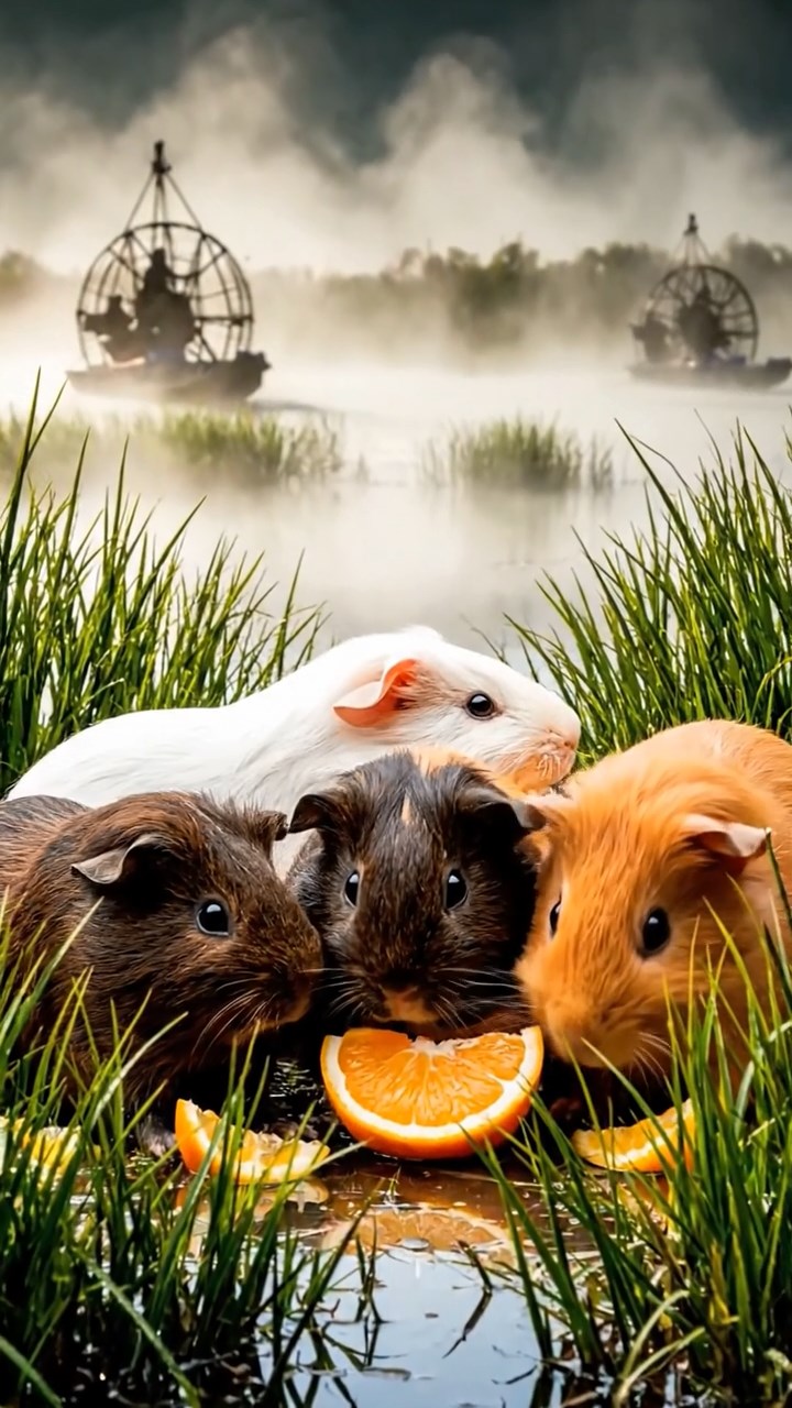 574. Photorealistic scene of 4 smooth-haired Teddy guinea pigs with Fawn, Chocolate, Cinnamon, and Sable fur, dressed as librarians in tiny glasses, reading stories in a guinea pig library with hay shelves and soft lamplight, capturing a realistic, cozy moment.