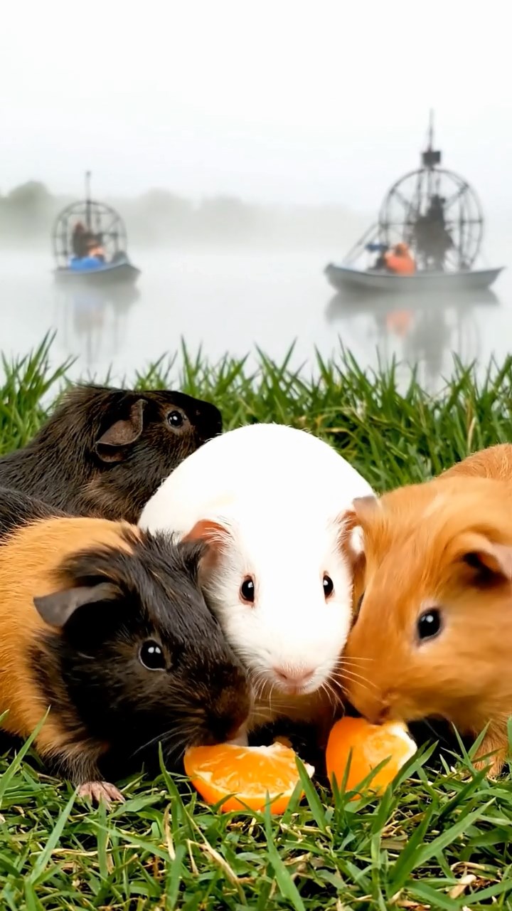 575. Highly detailed view of 5 smooth-haired Himalayan guinea pigs with White, Orange, Gray, Black, and Brown fur, foraging for wild herbs in a lush meadow with wildflowers and a babbling brook, under soft morning light, creating a realistic, serene pastoral scene.