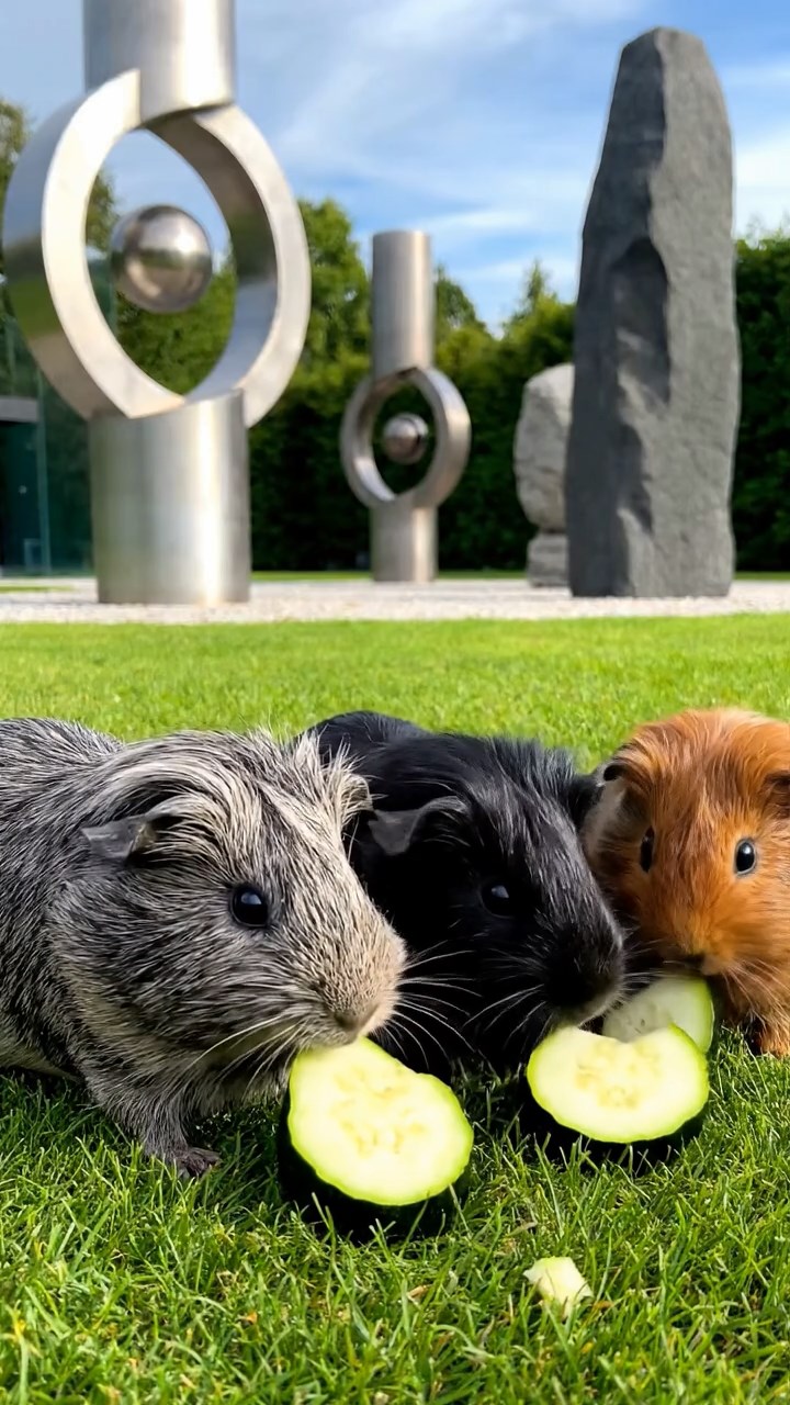 575. Highly detailed view of 5 smooth-haired Himalayan guinea pigs with White, Orange, Gray, Black, and Brown fur, foraging for wild herbs in a lush meadow with wildflowers and a babbling brook, under soft morning light, creating a realistic, serene pastoral scene.