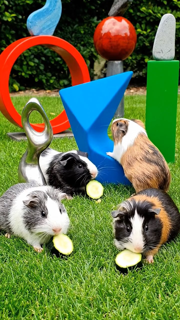 575. Highly detailed view of 5 smooth-haired Himalayan guinea pigs with White, Orange, Gray, Black, and Brown fur, foraging for wild herbs in a lush meadow with wildflowers and a babbling brook, under soft morning light, creating a realistic, serene pastoral scene.