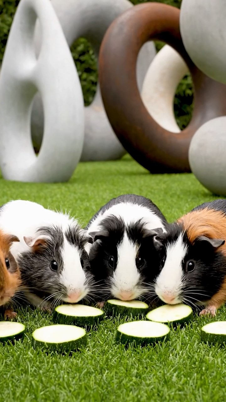 576. Realistic scene of 1 smooth-haired Californian guinea pig with Cream fur, nibbling on strawberries, in a fragrant rose garden with blooming red and white roses, under warm sunlight, capturing a vivid, lifelike romantic moment.