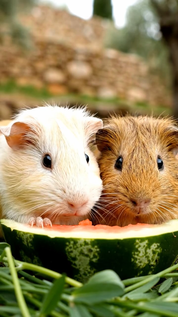 576. Realistic scene of 1 smooth-haired Californian guinea pig with Cream fur, nibbling on strawberries, in a fragrant rose garden with blooming red and white roses, under warm sunlight, capturing a vivid, lifelike romantic moment.