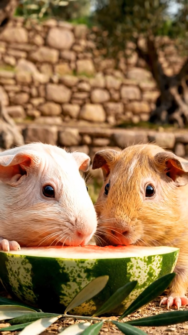 576. Realistic scene of 1 smooth-haired Californian guinea pig with Cream fur, nibbling on strawberries, in a fragrant rose garden with blooming red and white roses, under warm sunlight, capturing a vivid, lifelike romantic moment.