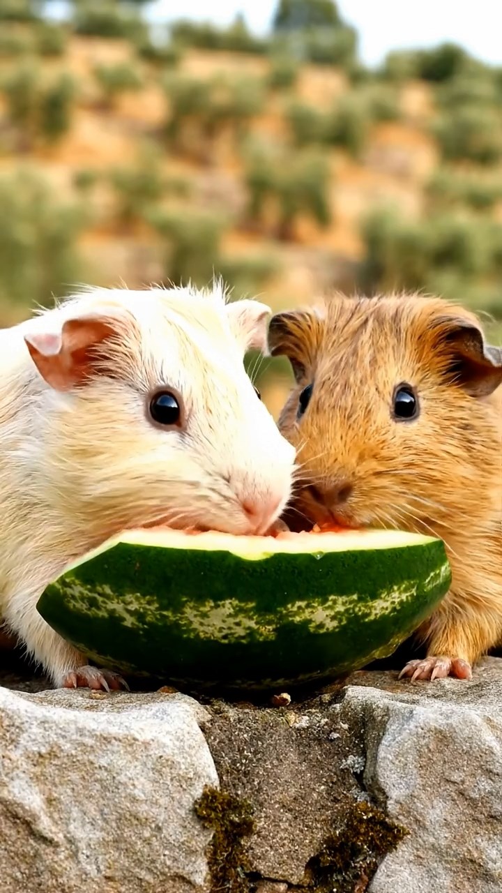 577. Detailed photo of 2 smooth-haired American guinea pigs with Fawn and Sable fur, dressed as bakers in tiny aprons, baking pies in a guinea pig bakery with hay ovens and wooden counters, under soft lamplight, creating a realistic, cozy culinary scene.