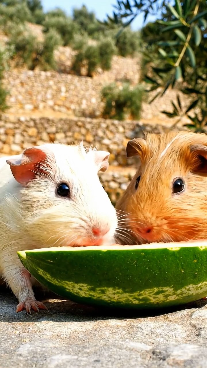 577. Detailed photo of 2 smooth-haired American guinea pigs with Fawn and Sable fur, dressed as bakers in tiny aprons, baking pies in a guinea pig bakery with hay ovens and wooden counters, under soft lamplight, creating a realistic, cozy culinary scene.
