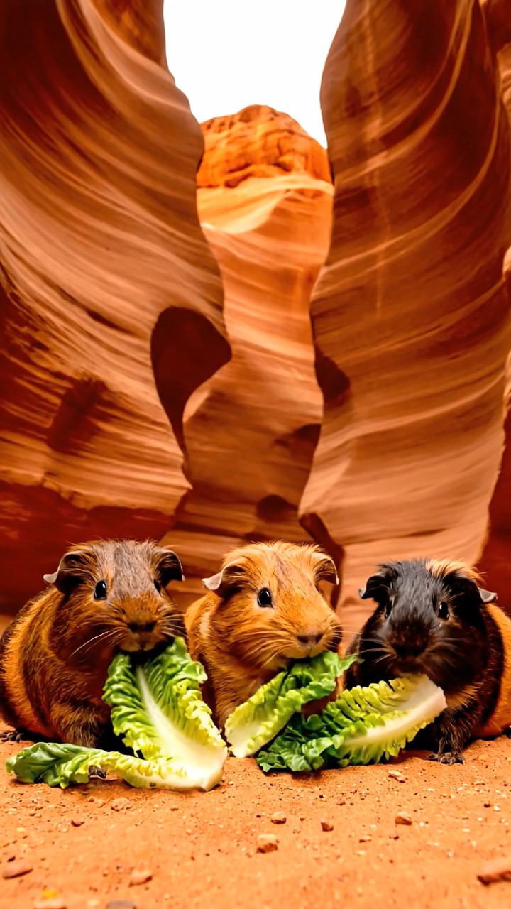 578. Photorealistic scene of 3 smooth-haired Teddy guinea pigs with Chocolate, Cinnamon, and Gray fur, climbing small rocks in a forested glade with soft moss and scattered leaves, under dappled sunlight, enhancing the authentic, adventurous atmosphere.