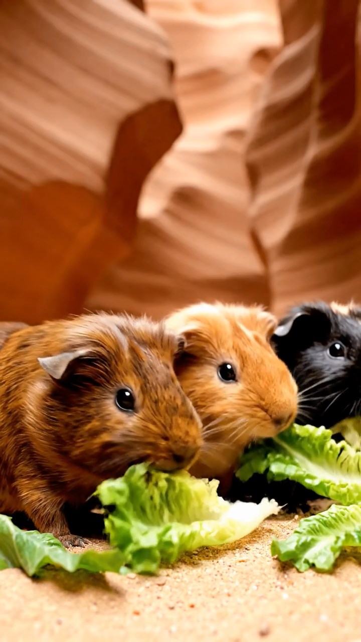 578. Photorealistic scene of 3 smooth-haired Teddy guinea pigs with Chocolate, Cinnamon, and Gray fur, climbing small rocks in a forested glade with soft moss and scattered leaves, under dappled sunlight, enhancing the authentic, adventurous atmosphere.