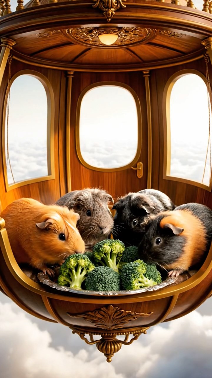 580. Realistic scene of 5 smooth-haired Californian guinea pigs with Cream, Fawn, Sable, Gray, and Cinnamon fur, sleeping in a cozy pile in a lush meadow with wildflowers and a gentle breeze, under golden sunlight, capturing a lifelike, tranquil group moment.