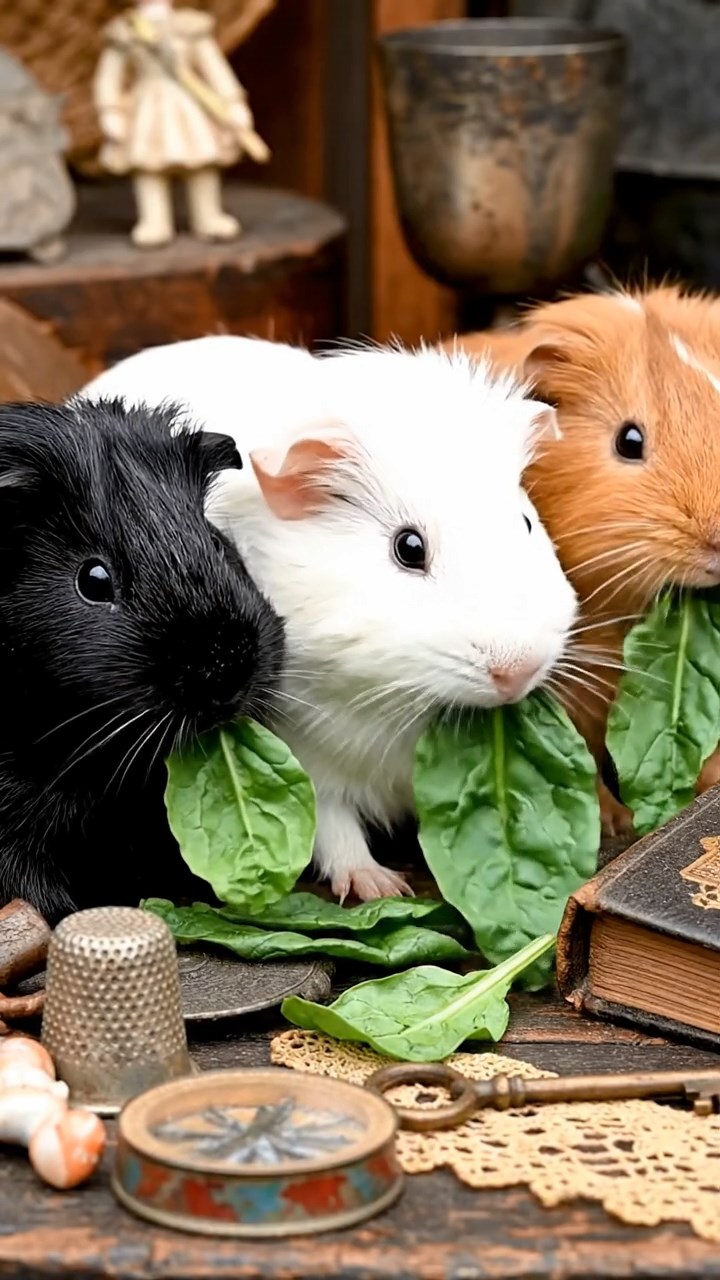 583. Highly detailed view of 3 smooth-haired Himalayan guinea pigs with Gray, Cream, and Brown fur, mating in a secluded grassy clearing surrounded by tall ferns and soft moss, under gentle morning light, creating a realistic, intimate natural scene.