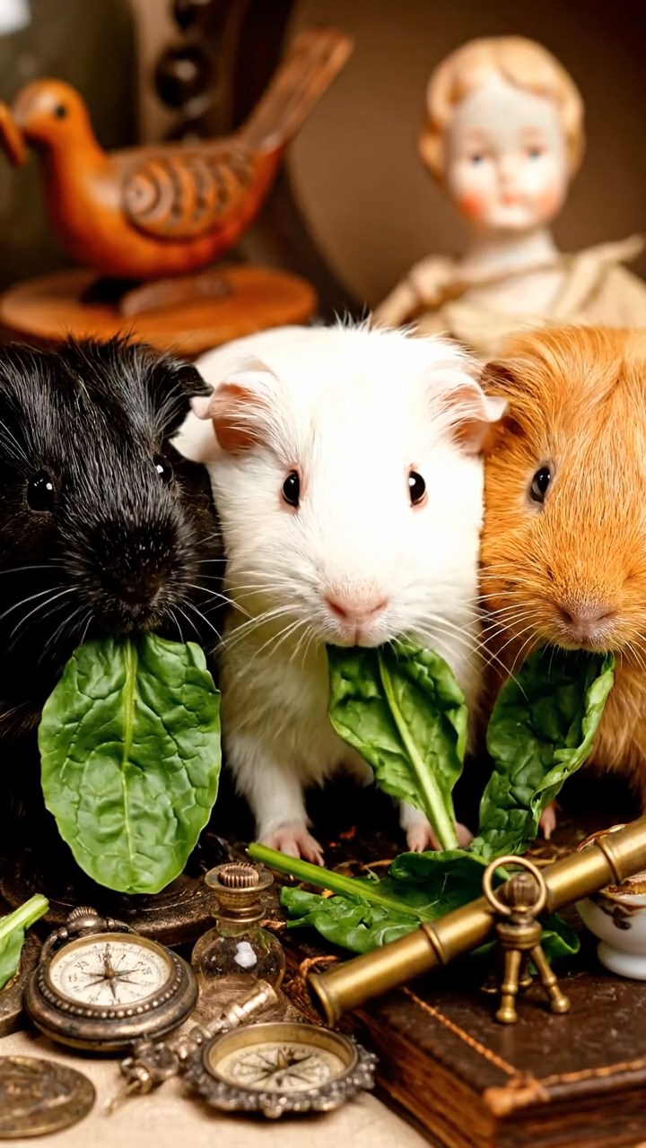 583. Highly detailed view of 3 smooth-haired Himalayan guinea pigs with Gray, Cream, and Brown fur, mating in a secluded grassy clearing surrounded by tall ferns and soft moss, under gentle morning light, creating a realistic, intimate natural scene.