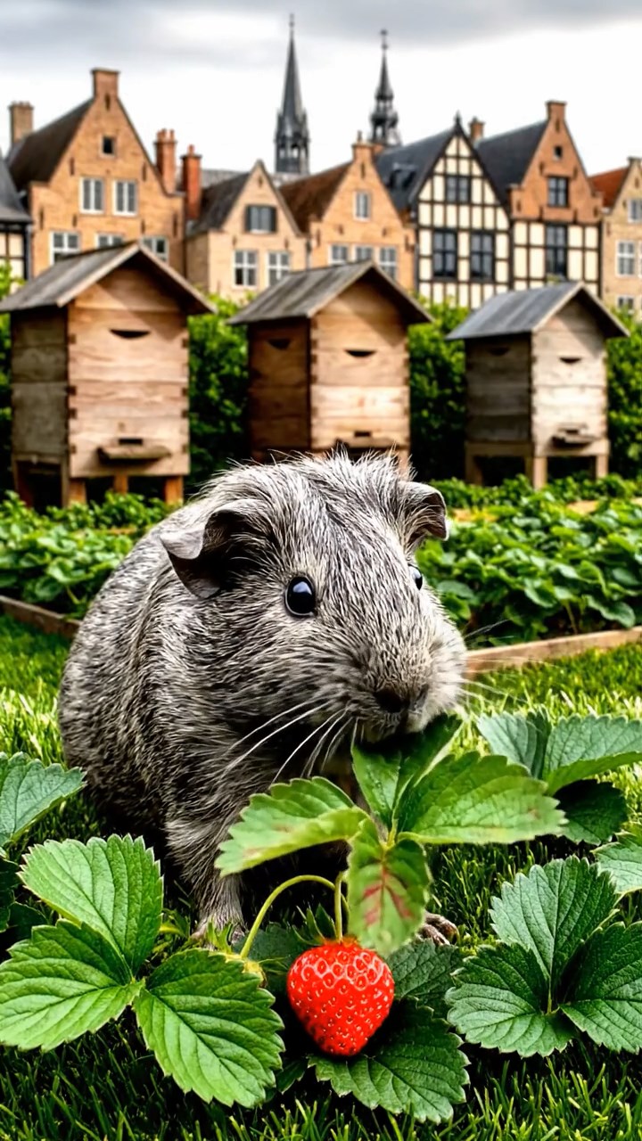583. Highly detailed view of 3 smooth-haired Himalayan guinea pigs with Gray, Cream, and Brown fur, mating in a secluded grassy clearing surrounded by tall ferns and soft moss, under gentle morning light, creating a realistic, intimate natural scene.