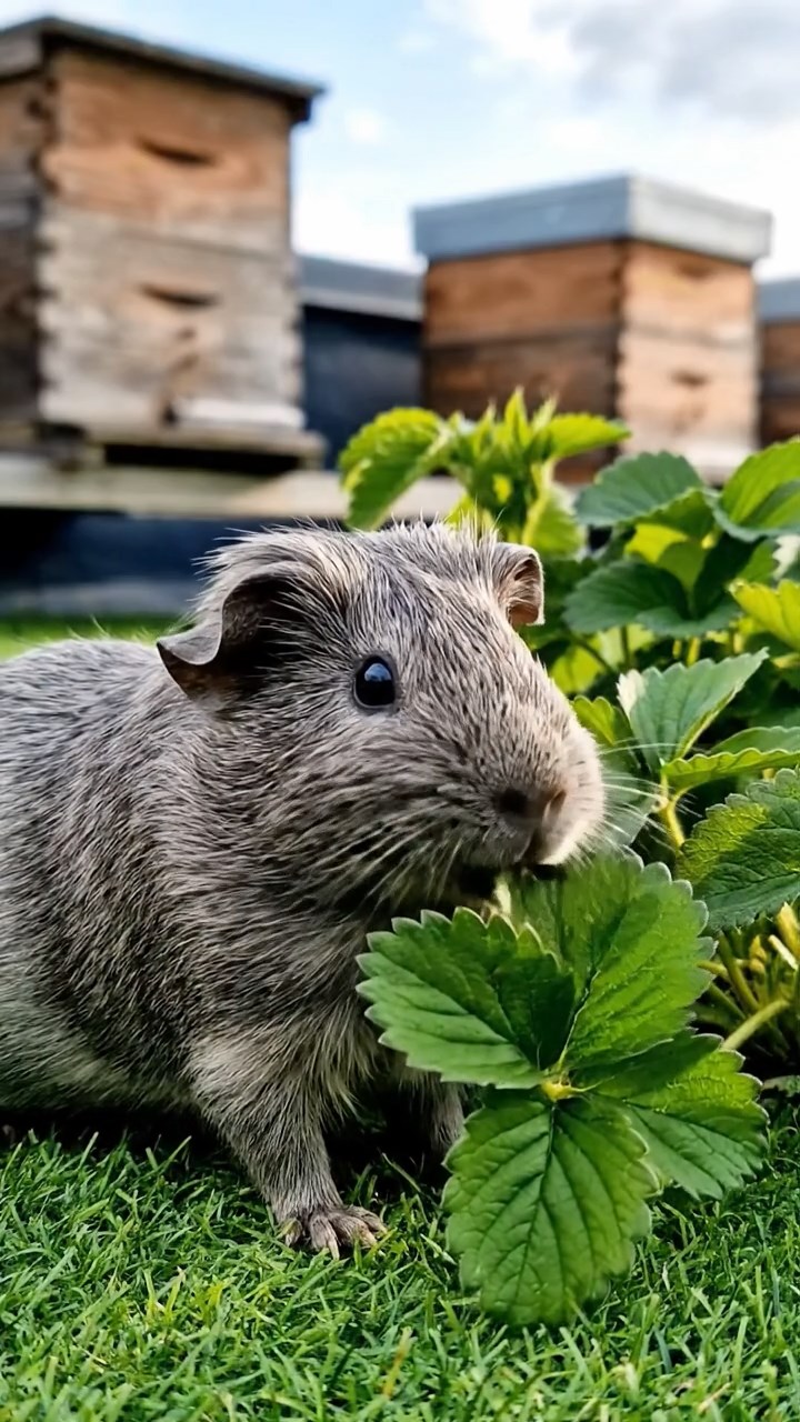 1627. Photorealistic photo of 1 smooth-haired Rex guinea pig with gray fur, munching on strawberry leaves, on a urban green roof with beehives and vegetables.