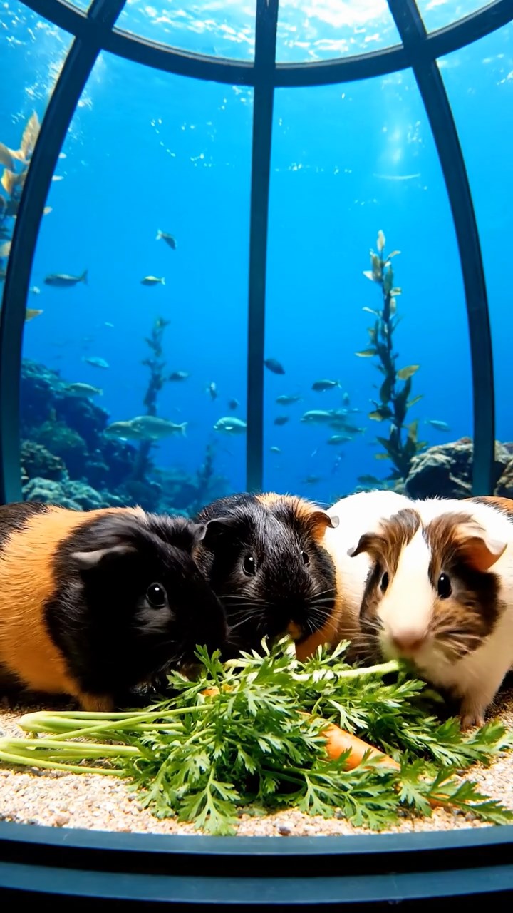 1628. Realistic depiction of 4 smooth-haired Coronet guinea pigs featuring black, brown, and cream coats, sharing carrot tops, in a glass underwater observatory with ocean views.