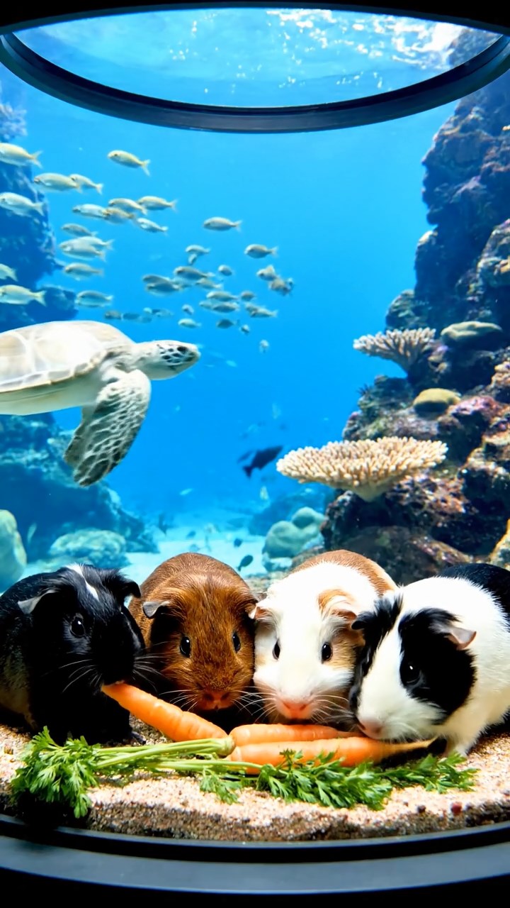 1628. Realistic depiction of 4 smooth-haired Coronet guinea pigs featuring black, brown, and cream coats, sharing carrot tops, in a glass underwater observatory with ocean views.