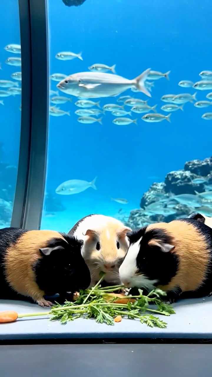 1628. Realistic depiction of 4 smooth-haired Coronet guinea pigs featuring black, brown, and cream coats, sharing carrot tops, in a glass underwater observatory with ocean views.