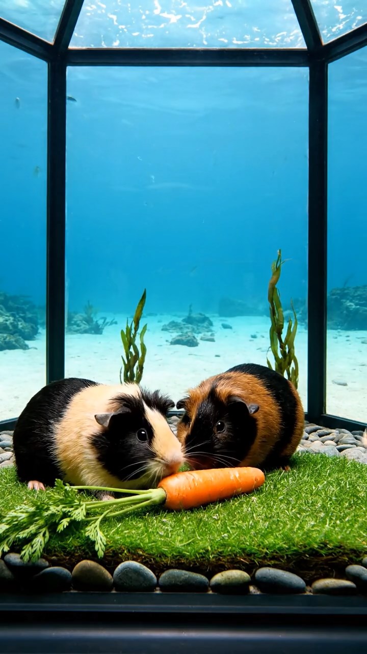 1628. Realistic depiction of 4 smooth-haired Coronet guinea pigs featuring black, brown, and cream coats, sharing carrot tops, in a glass underwater observatory with ocean views.
