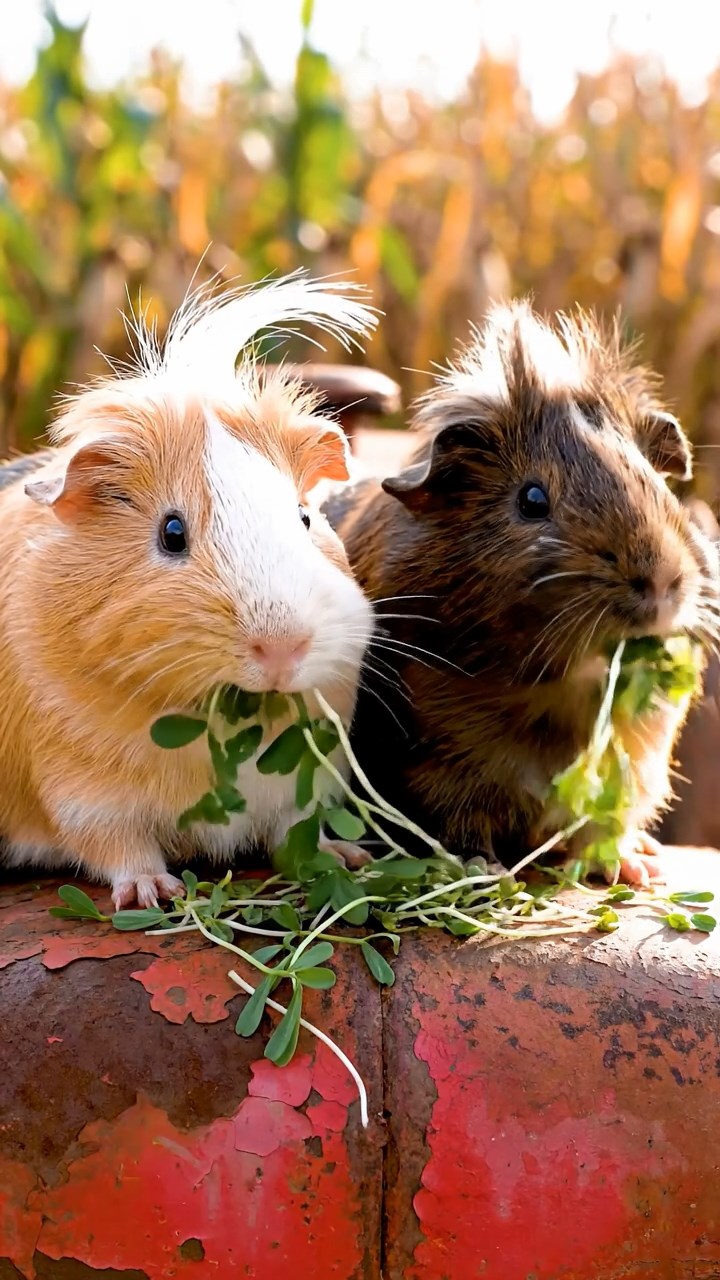 1629. Detailed image of 2 smooth-haired White Crested guinea pigs with fawn and chocolate fur, eating alfalfa sprouts, on a vintage tractor in a corn maze.