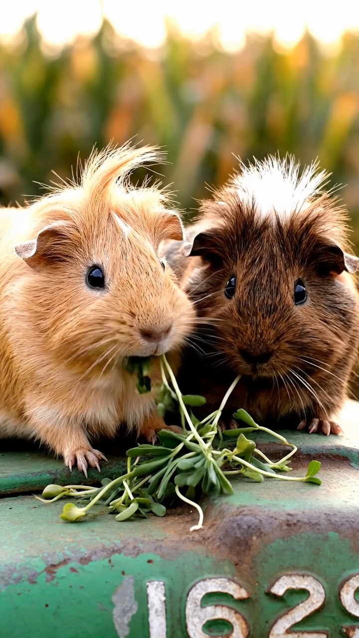 1629. Detailed image of 2 smooth-haired White Crested guinea pigs with fawn and chocolate fur, eating alfalfa sprouts, on a vintage tractor in a corn maze.
