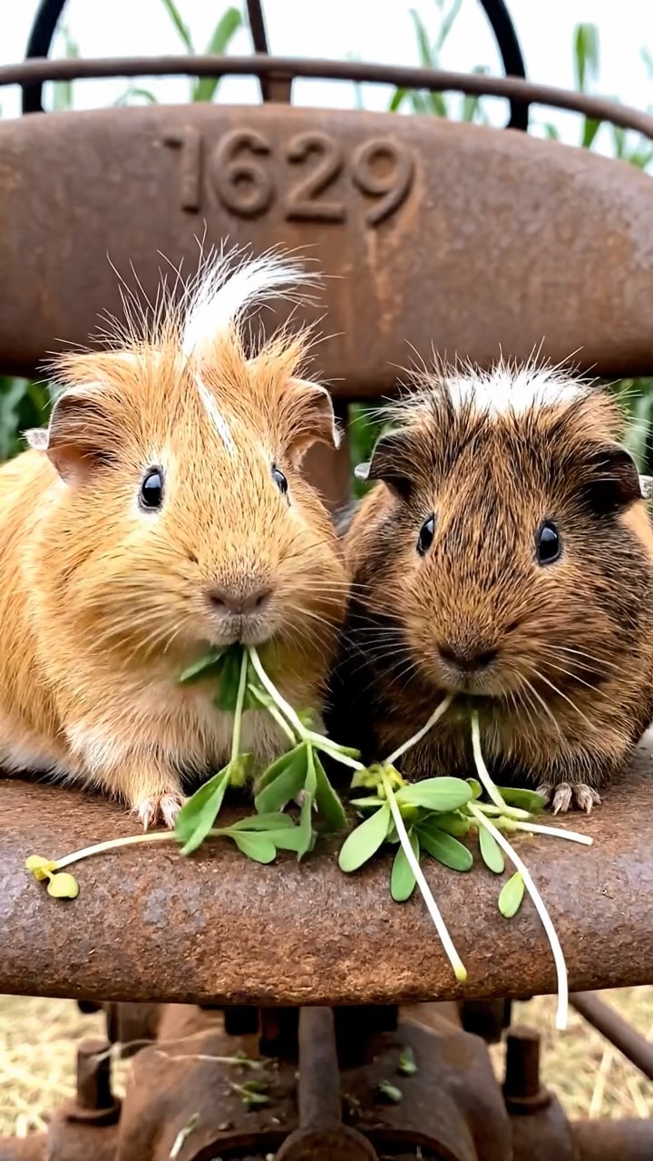 1629. Detailed image of 2 smooth-haired White Crested guinea pigs with fawn and chocolate fur, eating alfalfa sprouts, on a vintage tractor in a corn maze.