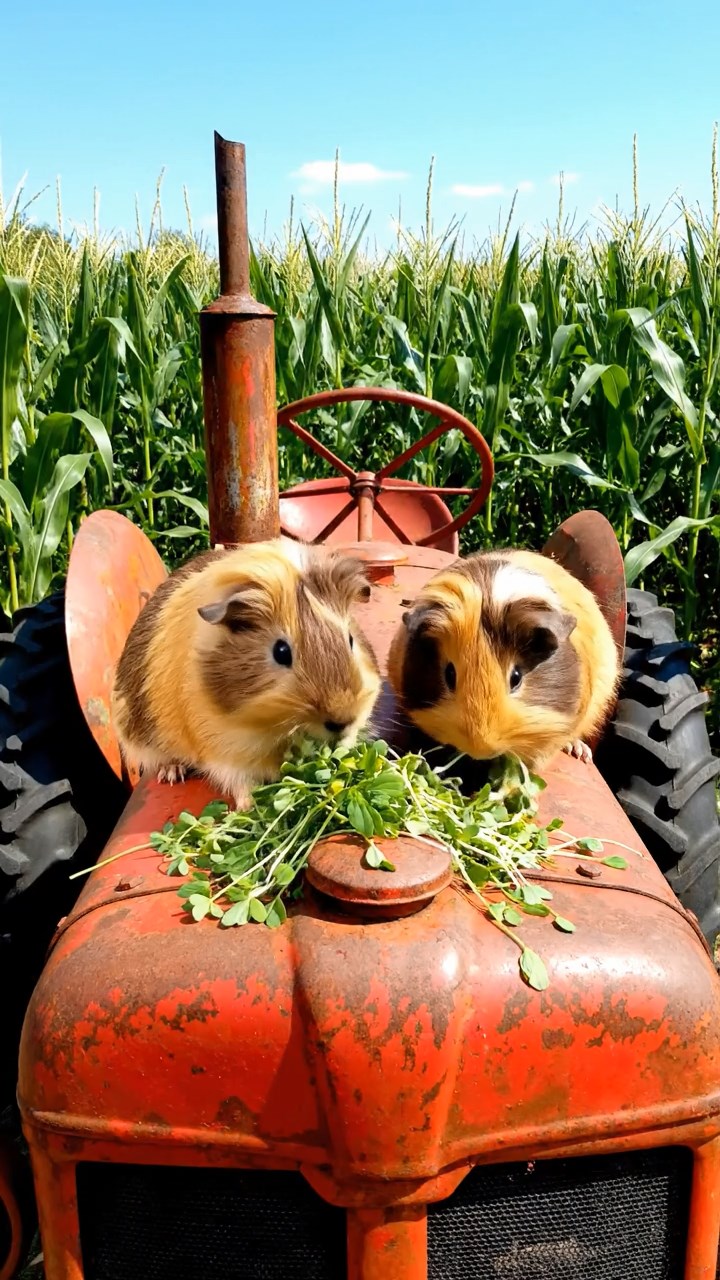 1629. Detailed image of 2 smooth-haired White Crested guinea pigs with fawn and chocolate fur, eating alfalfa sprouts, on a vintage tractor in a corn maze.