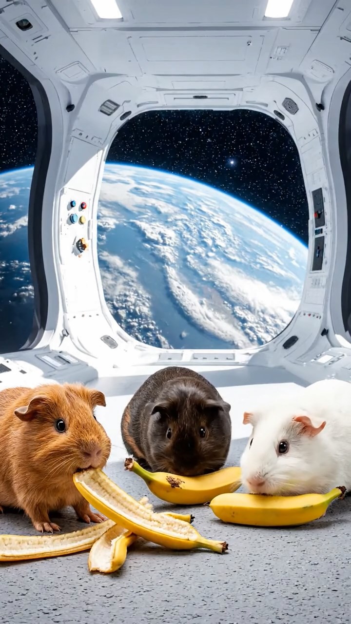 1630. Photorealistic scene of 3 smooth-haired Skinny guinea pigs in cinnamon, sable, and white colors, nibbling on banana peels, inside a orbital space habitat module with windows.