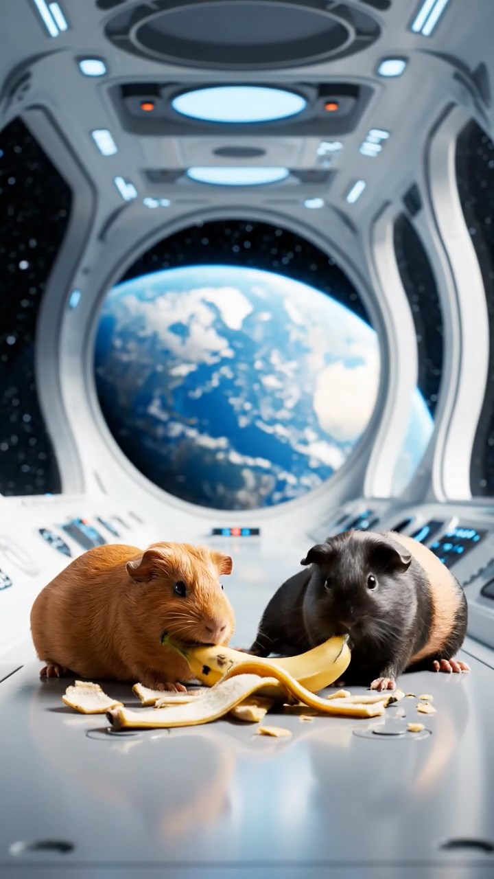 1630. Photorealistic scene of 3 smooth-haired Skinny guinea pigs in cinnamon, sable, and white colors, nibbling on banana peels, inside a orbital space habitat module with windows.