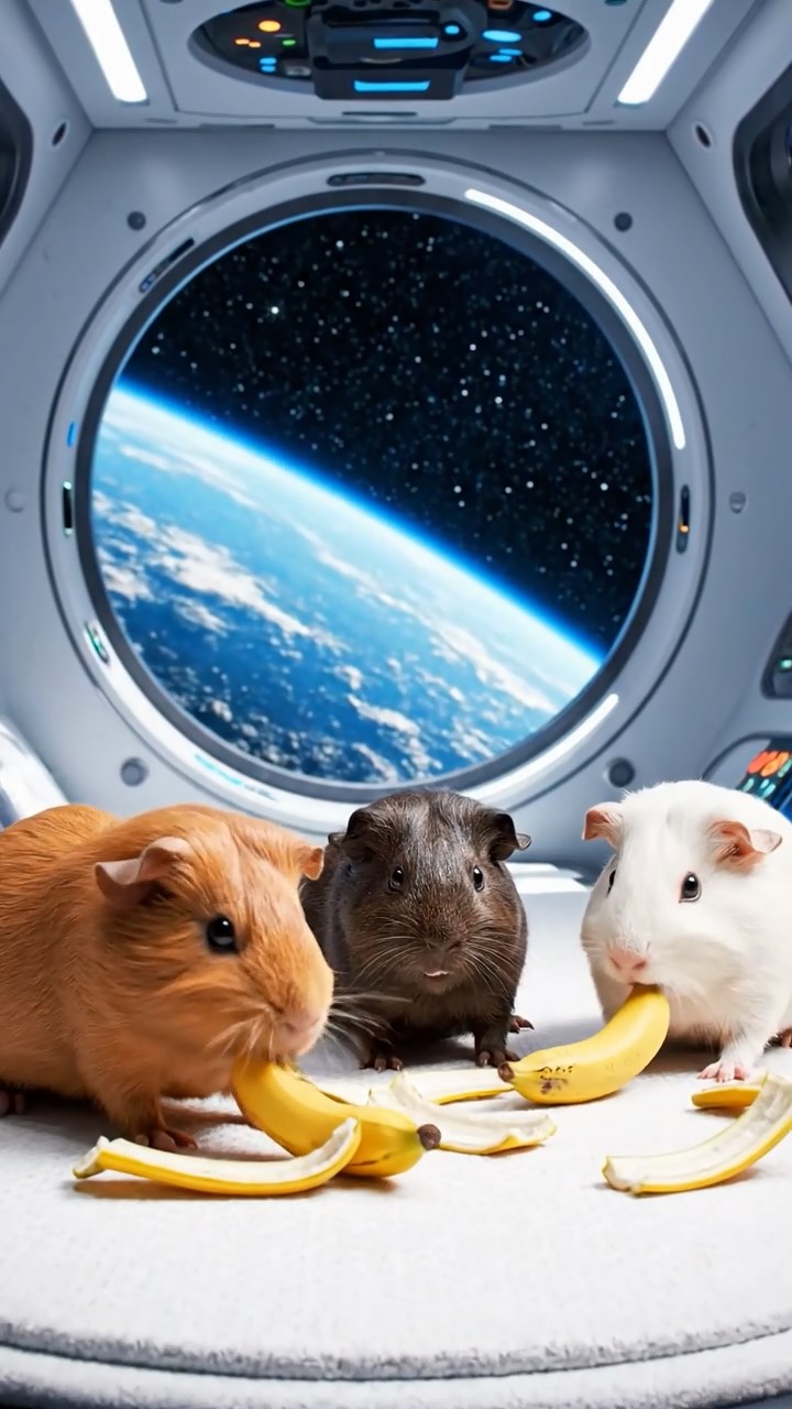 1630. Photorealistic scene of 3 smooth-haired Skinny guinea pigs in cinnamon, sable, and white colors, nibbling on banana peels, inside a orbital space habitat module with windows.