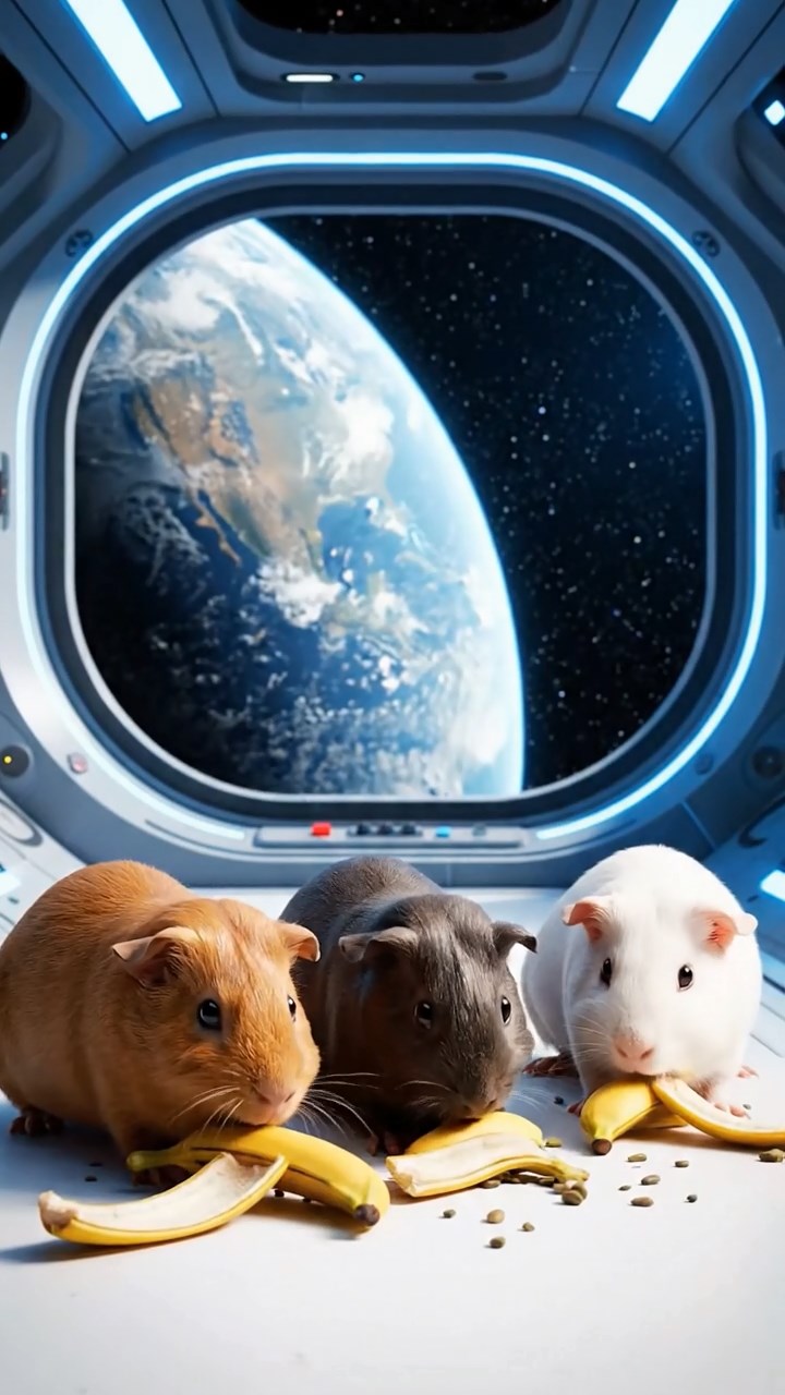 1630. Photorealistic scene of 3 smooth-haired Skinny guinea pigs in cinnamon, sable, and white colors, nibbling on banana peels, inside a orbital space habitat module with windows.