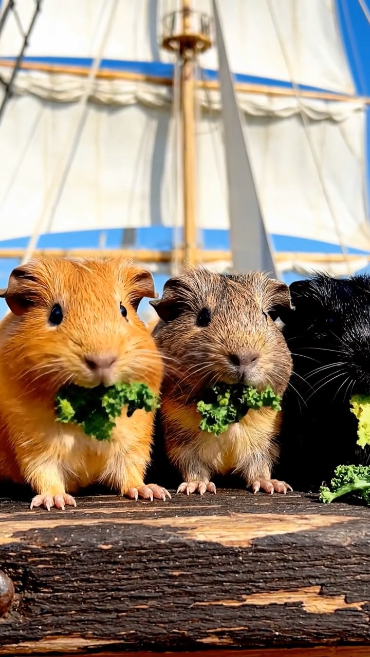 1631. Realistic photo of 5 smooth-haired American guinea pigs with orange, gray, and black fur, chewing on kale chips, on a tall ship mast lookout with sails billowing.
