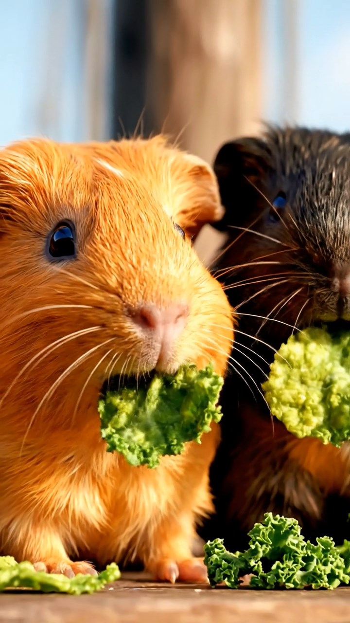 1631. Realistic photo of 5 smooth-haired American guinea pigs with orange, gray, and black fur, chewing on kale chips, on a tall ship mast lookout with sails billowing.