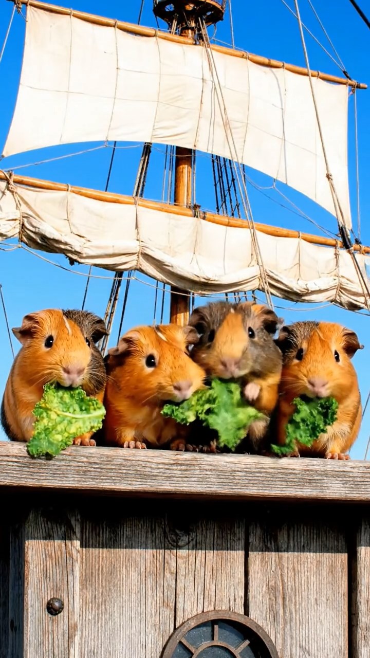 1631. Realistic photo of 5 smooth-haired American guinea pigs with orange, gray, and black fur, chewing on kale chips, on a tall ship mast lookout with sails billowing.