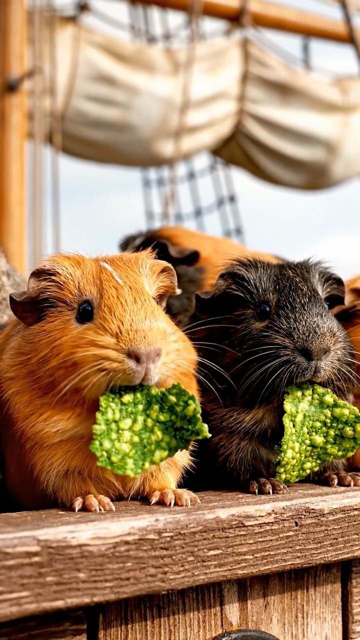 1631. Realistic photo of 5 smooth-haired American guinea pigs with orange, gray, and black fur, chewing on kale chips, on a tall ship mast lookout with sails billowing.